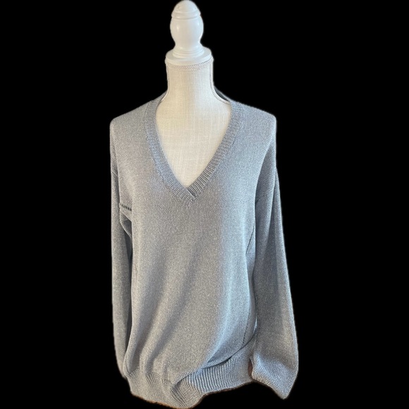 ATMSChainlink Cotton Nylon Thin Knit V-Neck Slub Longsleeve Light Sweater